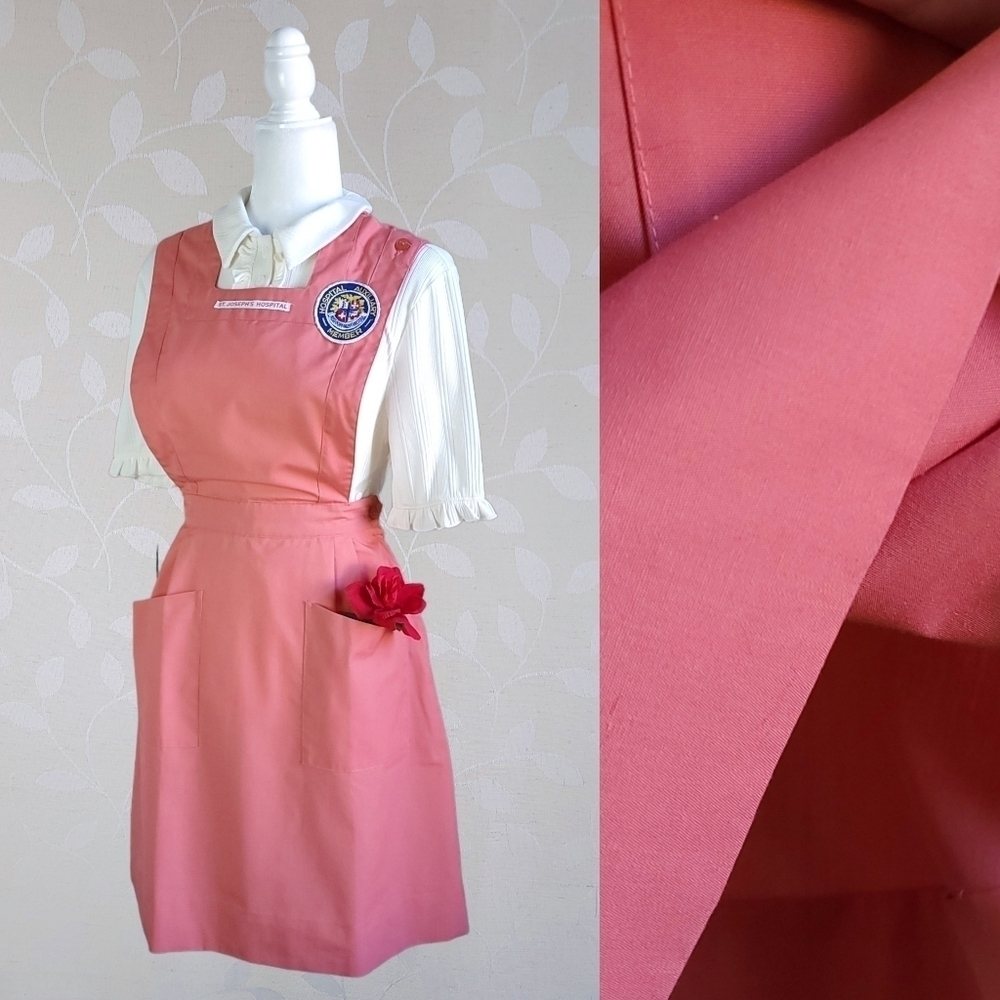 Vintage 1950s Square Neck Pinafore Hospital Patch Apron Dress Coral Pink XS